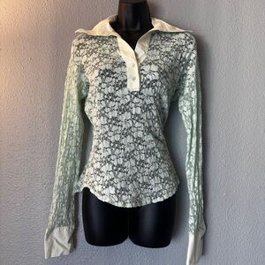 Vintage women’s blue half Button up Lace Top Sheer Blouse Romantic Boho Cottage